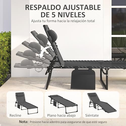 Outsunny Tumbona Plegable, Tumbona Jardín Exterior Reclinable 5 Posiciones, con Reposacabezas Acolchado, Bolsillo Lateral y Estructura de Acero, para Terraza, Piscina, 189x58x30 cm, Negro - imagen 4