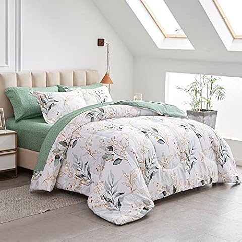 Joyreap 7 Piece Bed in a Bag Queen, Green Leaves Printed on White Botanical Design, Microfiber Set for All Season (1 Comforter, 2 Pillow Shams, 1 Flat Sheet, 1 Fitted Sheet, 2 Pillowcases) Cover