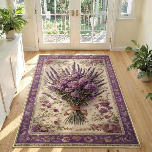 Tapete Lavanda Floral Estilo Francés 4x6 ft Rectangular