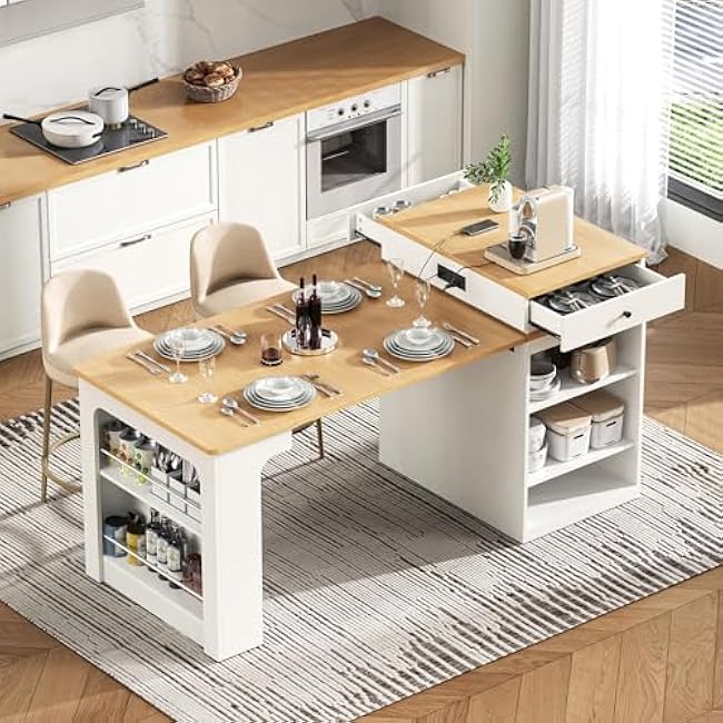 Kitchen Island with Extendable Dining Table and Double-Sided Storage, Kitchen Island Cart with Storage Drawers, Power Outlet and Side Open Shelves for Dining Room (White)-SuPp10hk