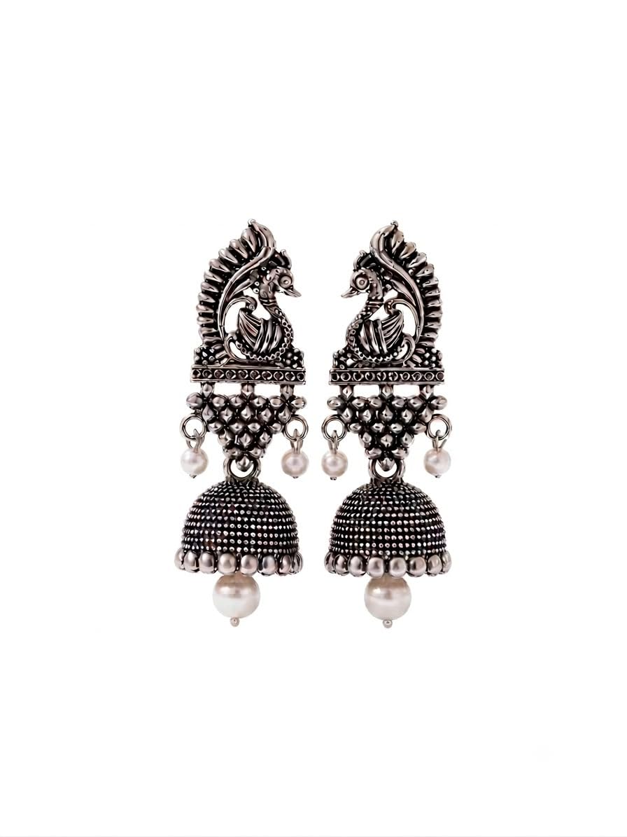 Oxidized Silver-Plated Peacock Jhumka Drop Earrings with Pearls For Women-image-16