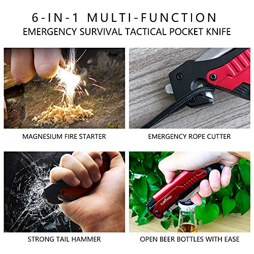 Image of ALBATROSS Best 6-in-1 Survival Tactical Military Folding Pocket Knives with LED Light,Seatbelt Cutter,Glass Breaker,Magnesium Fire Starter,Bottle Opener;Multi-Function Emergency Tool(Red-SA)