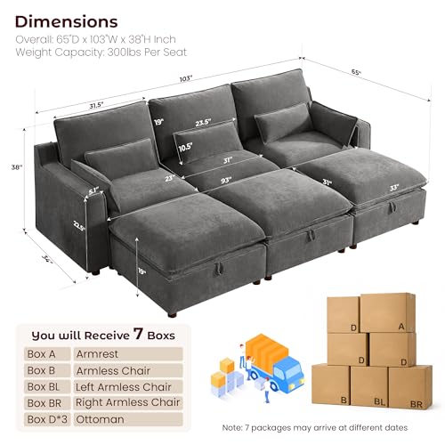 Image of WorthFurni Modern Modular Sectional Sofa,103 inch Sleeper Sofa Bed Minimalist Couch with Storage Ottoman,Comfty 6 Seat Sofa for Living Room,Grey Chenille