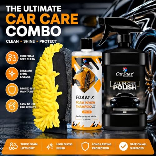 Image of CAR SAAZ Complete Car Care Combo Pack Including Foam X High Foam Car Wash Shampoo, Instant Shine All in One Polish Spray and Scratch-Free Microfiber Wash Mitt for Interior & Exterior Cleaning