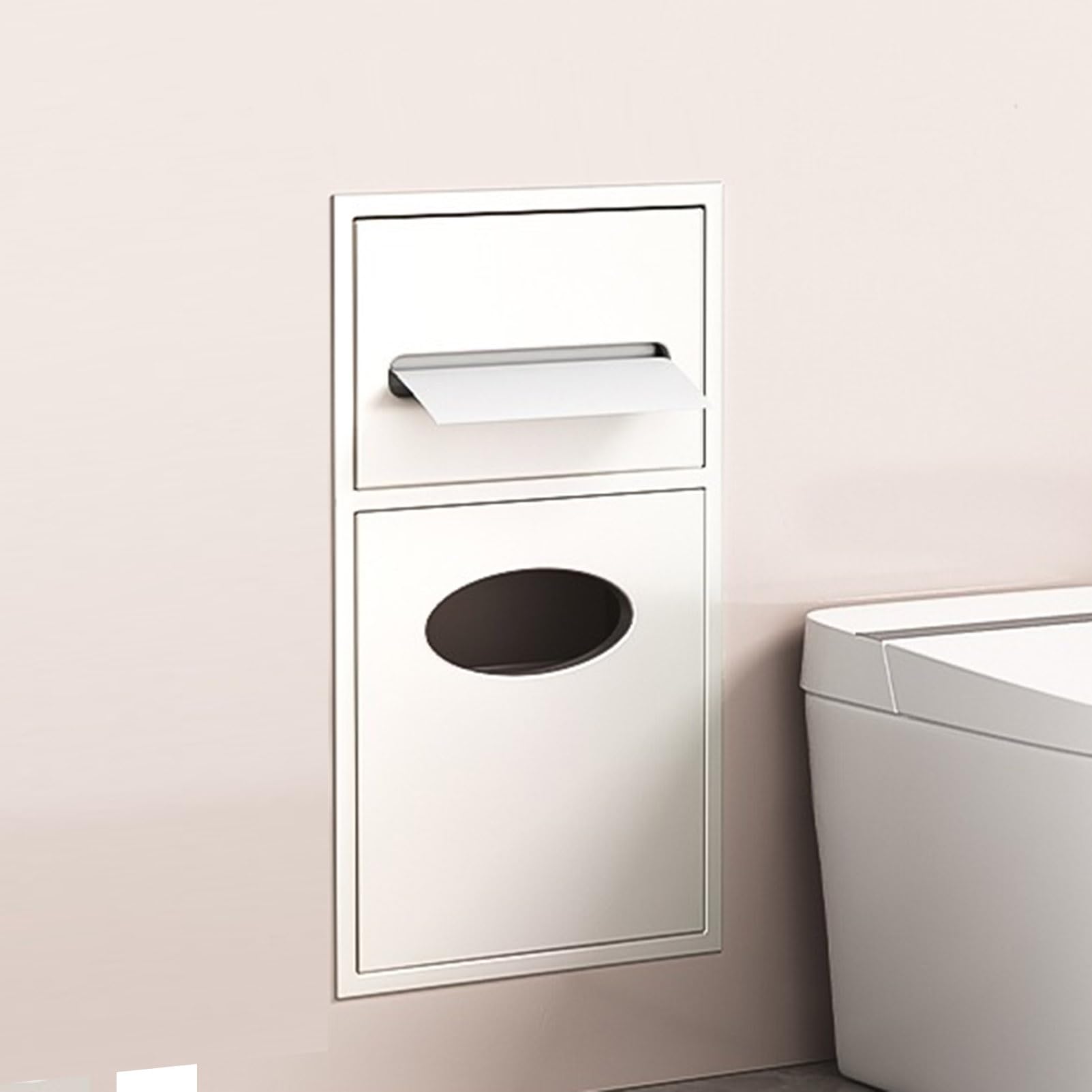 Étagère de salle de bain encastrée avec support de papier toilette intégré et poubelle