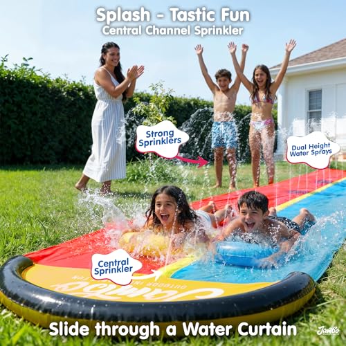 Image of JAMBO 22ft Double Lane Slip Splash and Slide with 2 Bodyboards with Built in Sprinkler for Backyard Outdoor Water Fun for Kids