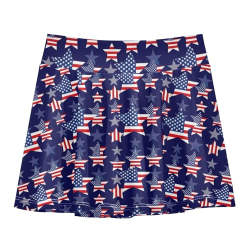CHIFIGNO Girls Skort 2-in-1 Tennis Skirts with Shorts Flowy Athletic Golf Skorts Red White Blue Stars American Flag