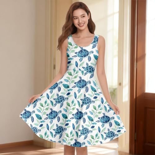 Image of Women's Casual Loose Sundress Midi Sleeveless Crewneck Dress Summer Beach Tank Dress with Pockets