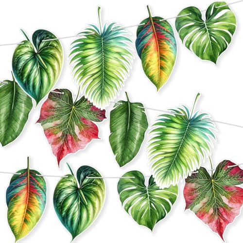 Image of Yeaqee 2 Pcs Tropical Palm Leaf Banner Garland Double-sided Summer Green Palm Waterproof Hawaiian Birthday Party Paper Backdrop Decoration for Luau Tropical Bachelorette Birthday Wedding Baby Shower