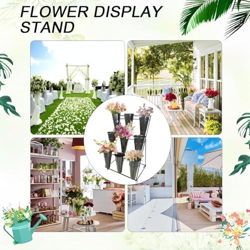Plant Stand—Heavy Duty Wrought Iron Flower Display Stand, 2 Tier with Plastic Buckets and Wheels, for Garden Courtyard（3 Tier 9 White Bucket） image 5