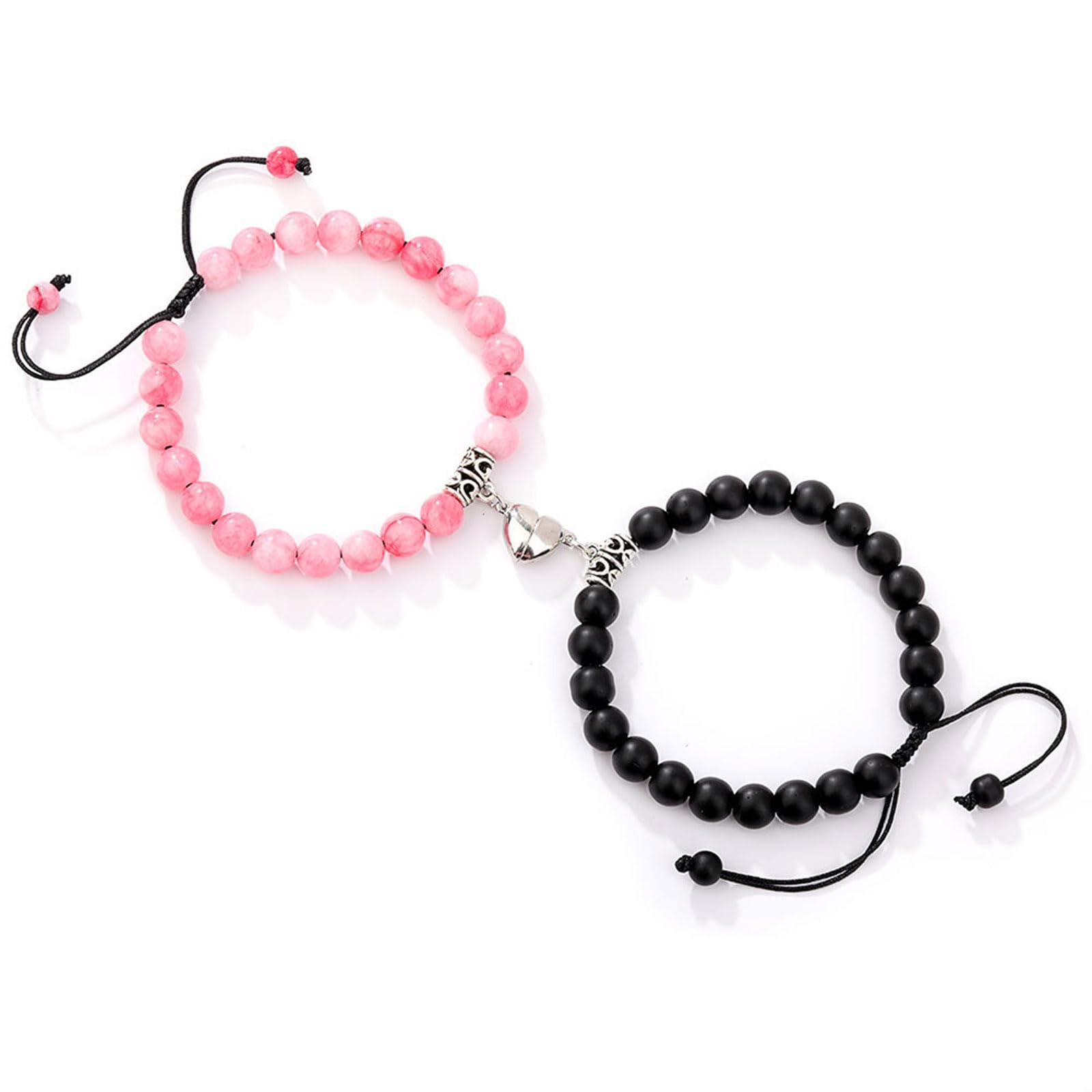 HONYUEYIM 2 Magnetarmbänder für Paare,Partnerarmbänder Valentine's Day Gift Fernheilungs-Kristallarmbänder, passendes Herzarmband für Sie und Ihn,Freund oder Freundin(Rosa + Schwarz)
