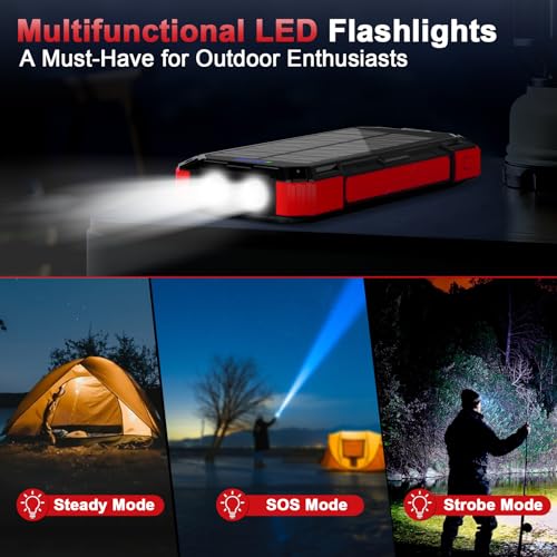 Image of Solar Charger Power Bank - 49800mAh Solar Phone Charger with USB-C in /Output, QC 3.0 Fast Charging with LED Flashlight, Built-in 4 Cables, IP65 Waterproof Fits for Outdoor (Brilliant Red)