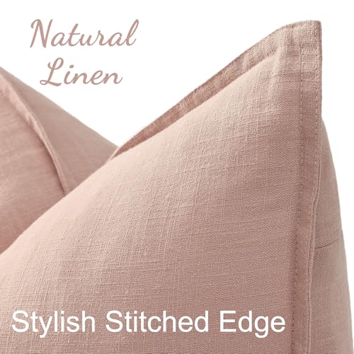 Image of decorUhome Decorative Linen Throw Pillow Covers 18x18 Inch Set of 2 Pink Pillow Covers with Flange Edges Soft Farmhouse Boho Accent Pillow Cases for Couch Bed Living Room