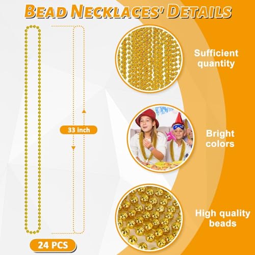Image of Gold Bead Necklace, 24PCS Christmas Bead Necklaces Stuff, 33 inch Mardi Gras Xmas Beaded Necklace Costume, Festival Parade Throw Accessories for Wedding Birthday Pirate Party Baby Shower Supplies Decor
