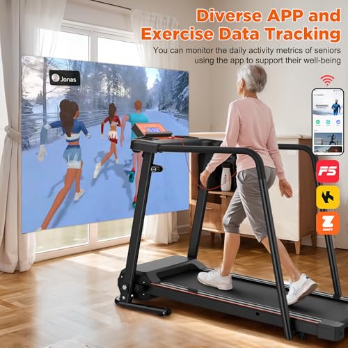 Image of Walking Treadmill for Senior with Long Handrail Foldable Recovery Fitness Exercise Machine with Cup Holder LCD Display 300 lbs Weight Capacity for Home