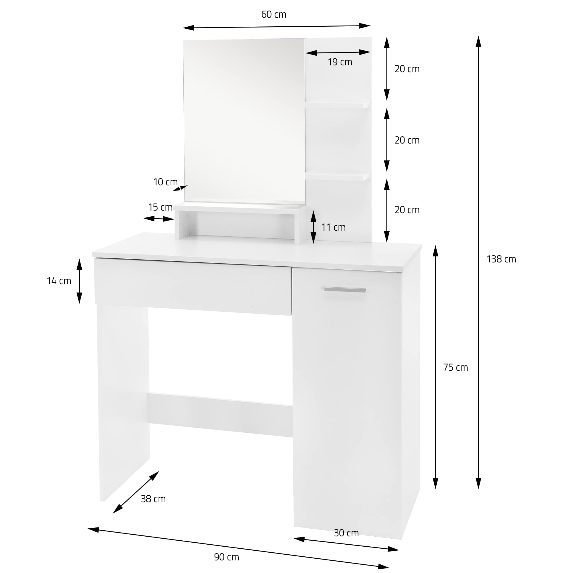 ML-Design Juego De Tocador con Taburete 90 x 38 x 138 cm Blanco Moderno con Espejo 2 Cajones 3 Compartimentos Abiertos Mesa de Maquillaje Cosméticos Almacenamiento Tablero De Aglomerado Dormitorio