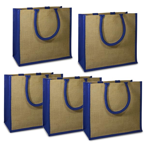 Expo International Pack of 5 Dakota Two Tone Gusset Jute Tote Bag Crafting Essential Totebag, Blue