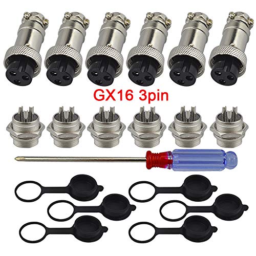 FULARR® 6Pcs Premium GX16-3 Pin Aviación Conector, 5A Aviación Enchufe, 16MM Rosca Metal Macho Hembra Panel Aviación Conector Enchufe, con Goma Tapa Protectora y Destornillador Phillips