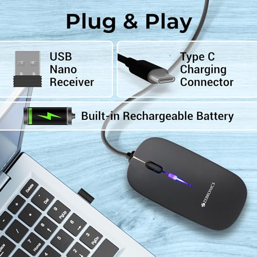 ZEBRONICS Blanc Slim Wireless Mouse with Rechargeable Battery, BT + 2.4GHz, 4 Buttons, 800/1200/1600 DPI, Silent Operation, Multicolor LED Lights (Image - 5)