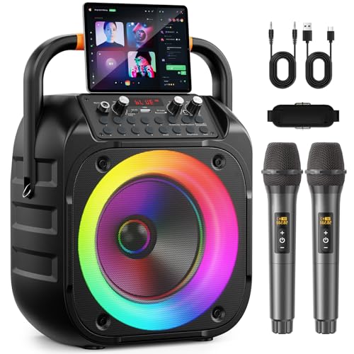 Image of Karaoke Machine for Adults, Portable Bluetooth Karaoke Speaker with 2 Wireless Microphones, Echo Adjustment, LED Lights, PA System with 6.5 inch Subwoofer, Support TV /AUX /USB /TF Card (Black)