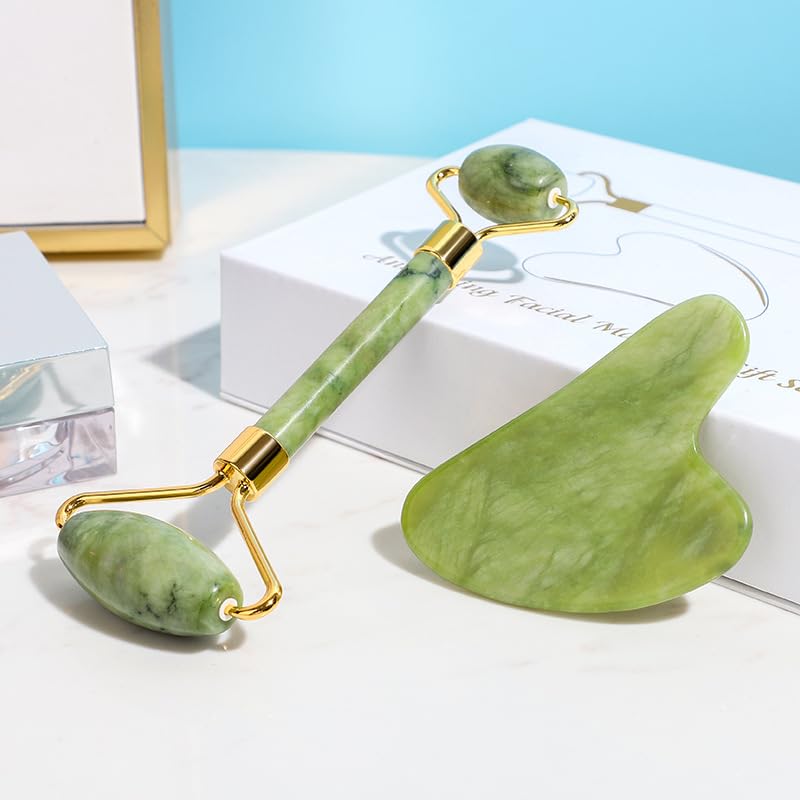 Natural Jade Facial Roller and Gua Sha Set, Gold-Plated, 2-Piece Massage Tools