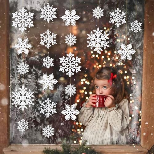 Image of kockuu 49Pcs Christmas Ornaments Snowflake Decorations - White Glitter Christmas Ornaments Hanging Snowflakes for Winter Christmas Tree Wall Ceiling Window Ornaments