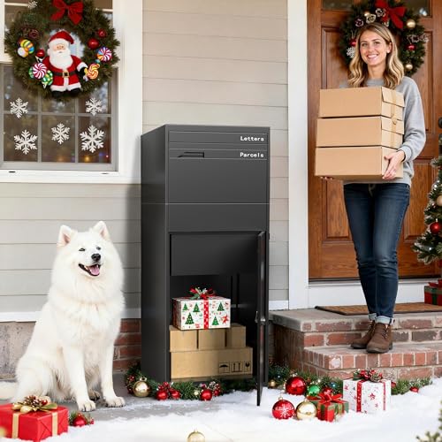 Image of Merapi Package Delivery Box for Porch, Lockable Outdoor Parcel Drop Box with Rear Access Door, Large Capacity Package Box for Packages, Heavy Duty Steel, Weather Resistant, Easy Setup