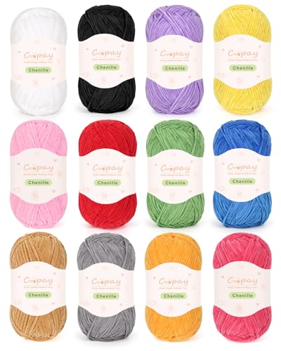 Coopay Laine Chenille à Crocheter, 600 g (12 x 50 g) Pelote de Laine Doux et Velouté, Laine à...