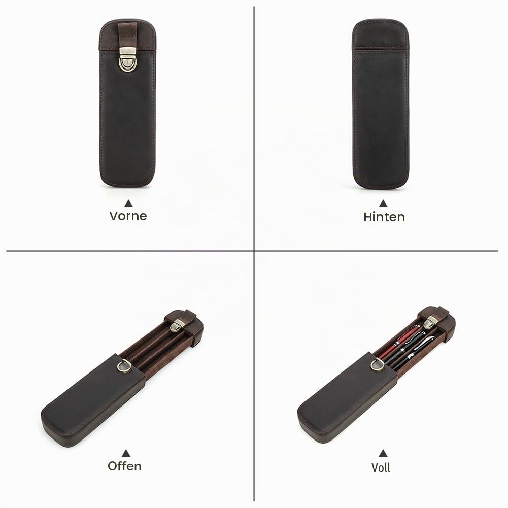 Top‑Grain‑Echtleder Etui für 3 Stifte, minimalistische modische Gestaltung, handgefertigt, Steckverschluss mit Schublade, Geschenk für Männer und Frauen, Bürogebrauch, glänzendes Kaffee, 3 Fächer