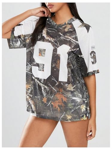 Verdusa Women's Oversized V Neck Jersey Shirt Camo Leaf Print Graphic T Shirt4