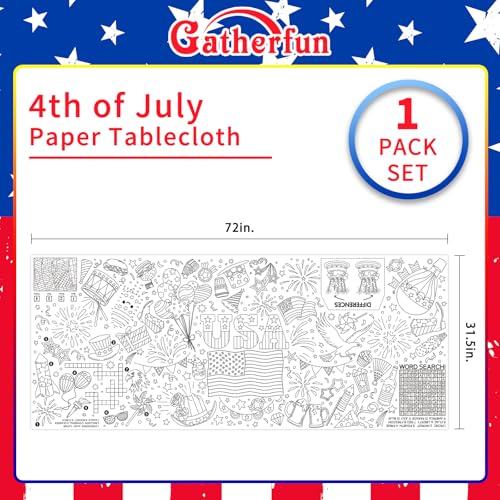 Image of Gatherfun 4th of July Patriotic Coloring Tablecloth 31.5x72 - American Flag-Themed Giant Poster for Independence Day Decor & Activities for Classroom or School Party Table Cover