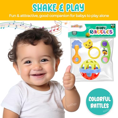 Image of Zest 4 Toyz Baby Rattles Set 6 Pcs 0-6 Months BPA Free Soft Rattling Sound | Fun Colours Non Toxic Toy for Babies | Multi-Colored with Tethers | New Born | Toy Gift Set (Made in India) Pack 4