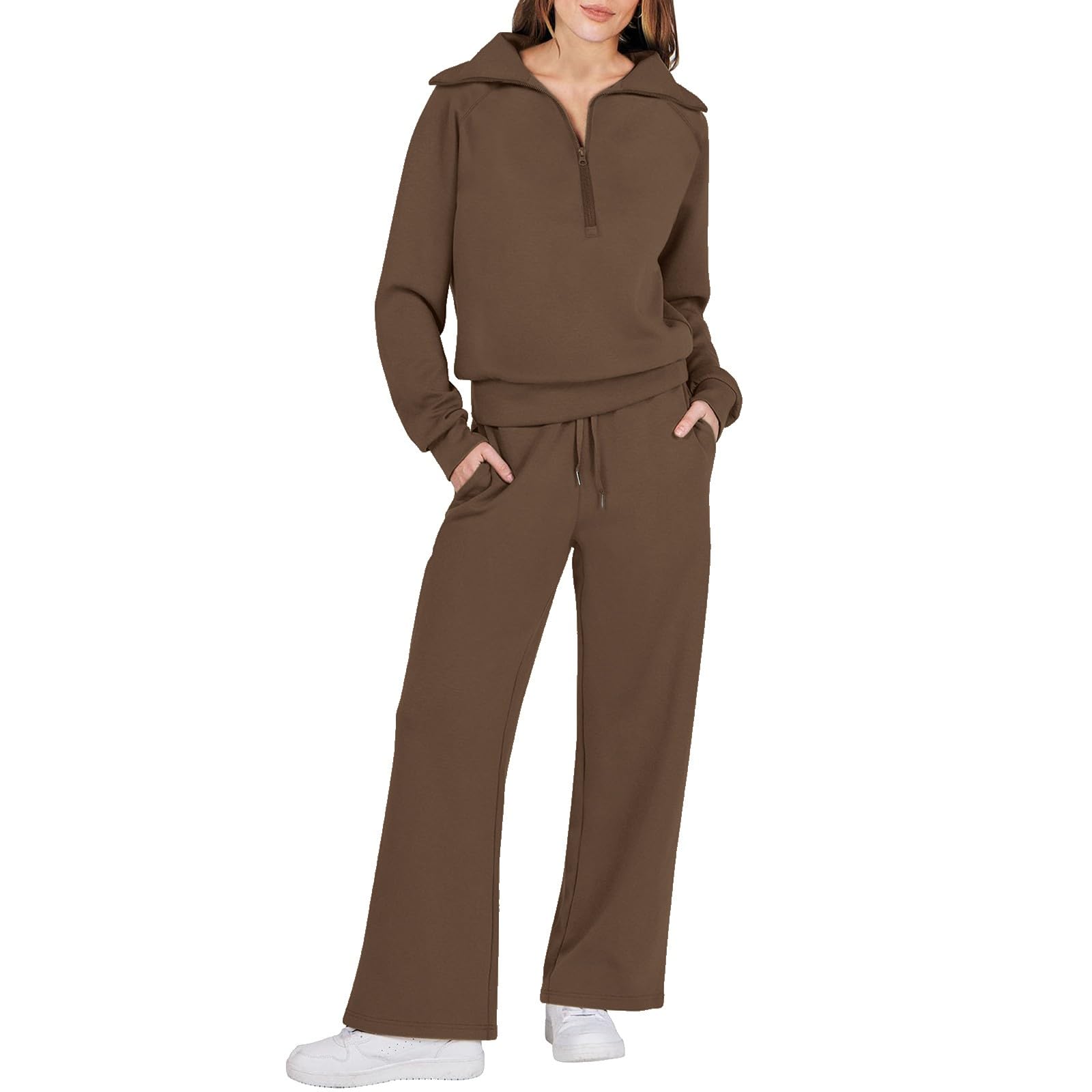 Tuta Donna Sportiva Invernale Felpa con 1/2 Zip Senza Cappuccio e Pantaloni Tuta Gamba Larga Set Due Pezzi Completo Palestra Tinta Unita Sportivo Completi Eleganti Comodo Ufficio Casual e Quotidiana