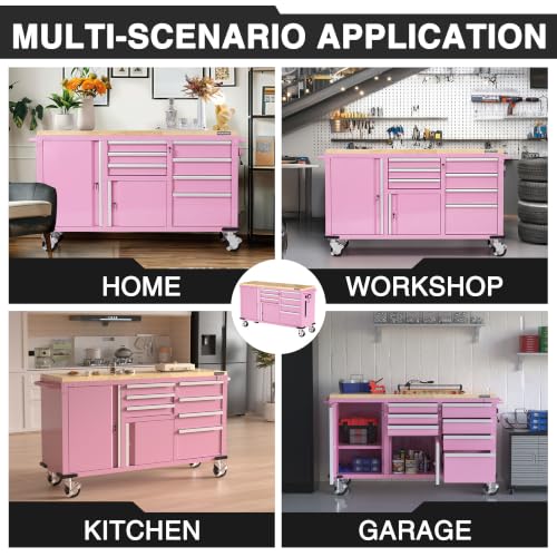 Image of WORKPRO 62 inch x 20 inch Rolling Tool Chest, 7-Drawer & 2-Door, Pink