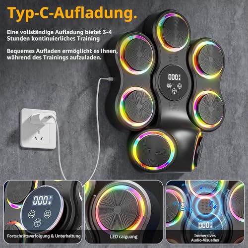 Musik-Boxmaschine, Fitnessgerät mit Boxhandschuhen, intelligenter Bluetooth-Boxtrainer, Box-Wandhalterung für Erwachsene und Kinder, elektronisches Boxziel, Fitness für Zuhause, Büro, Fitnessstudio
