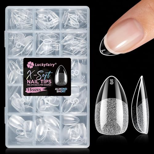 Luckyfairy Short Almond Nail Tips X-SOFT, 15 Sizes 270pcs Gel Nai...