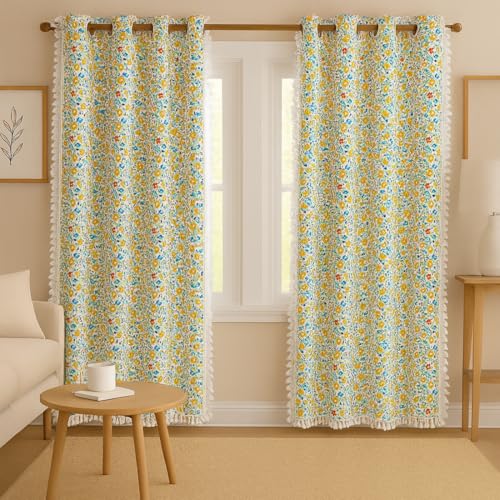 Image of Cortina Floral Light-Filtering 100% Cotton Curtains 7 feet Long Set of 2 for Door [ Opacity: 50-60%, Color: Yellow, 180 GSM ]