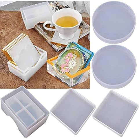 Silicone Coaster Mat Holder Resin Mold,Set of 5pcs Coaster Resin Mold-1X Square Coaster Storage Mold,2X Round Cup Mat Molds,2X Square Coaster Moulds,Silicone Resin Casting Epoxy Mould DIY Craft Decor Cover