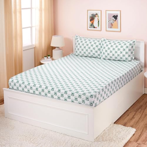 Amazon Brand - Solimo Queen Size Fitted Bedsheet with 2 Pillow Cases | 180 TC | 100% Cotton | Washing Machine Washable | Fits Up to 7 Inch Mattress | 78 X 60 Inches | Floral Design (Green)