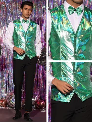 Lars Amadeus Holographic Waistcoat for Men's Slim Fit Shiny Disco Party Metallic Sleeveless Vest Bowtie4