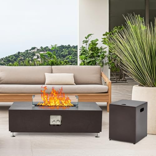 48" Outdoor Fire Table, 48 inch Rectangle Propane Gas Fire Pit Table, 50,000 BTU Modern Firepit with 16 inch Tank Cover Side Table, Wind Guard, Fire Glass, Rain Cover, Antique Bronze