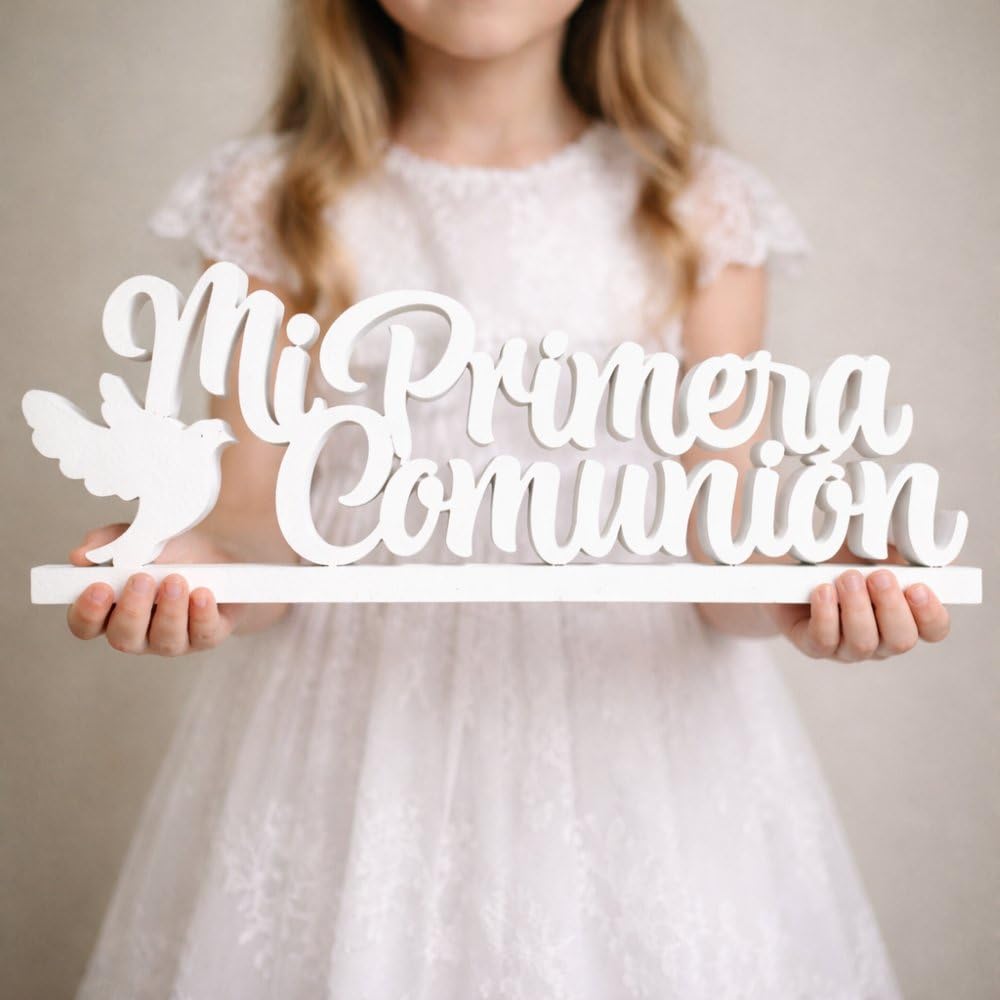 Letrero " Mi Primera Comunion " en poliestireno para Decoración en Mesa Dulce o Candy Bar, photocalls. (Letrero_Paloma, 5cm)