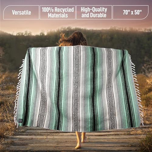 Handcrafted Large Mexican Blankets, Artisanal Handwoven Serape Blanket, Authentic Falsa Blanket, Beach Blanket, Camping Blanket, Picnic Blanket, Outdoor Blanket, Boho Throw Blankets, Aqua Green
