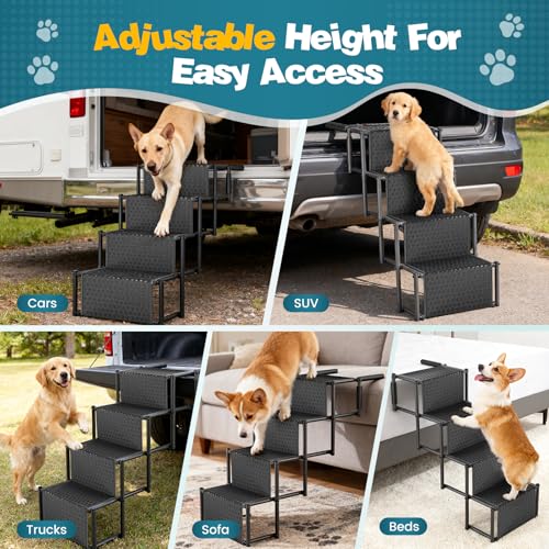 Hundetreppe für Große Hunde, 4 Stufen, mit Rutschfester Oberfläche und Karabinerhaken, Wasserabweisende PVC, Hundetreppe Auto für Kleine Hunde, Hunderampe Auto Klappbar (Unterstützt Bis Zu 80 kg)