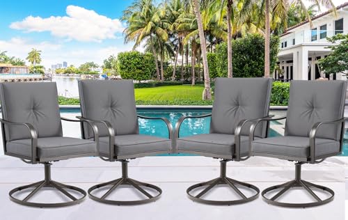 STRPRETTY Patio Swivel Chairs Set of 4, Heavy Duty Outdoor Swivel Dining Chairs with Steel Frame & Thickened Cushion, All Weather Metal Patio Chairs for Outside Garden Lawn Porch (Grey)