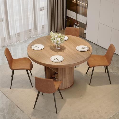 Image of HIPIHOM 5-Piece Dining Set for Small Spaces 43.3 inch Round Table & 4 PU Leather Chairs, Modern Farmhouse with Storage Shelf, Apartment Kitchen Easy Assembly (Walnut Color Round Table + 4 Brown Chairs)
