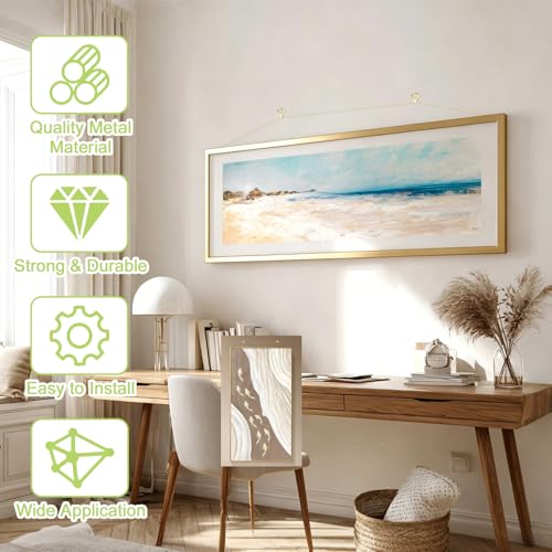 Image of Picture Hanging Kit - 3 Rolls 3M Picture Wire & 6 Hanging Hooks & 12 D-Rings with Nails Heavy Duty Picture Hangers for Wall Art, Exhibitions & Galleries(Gold)