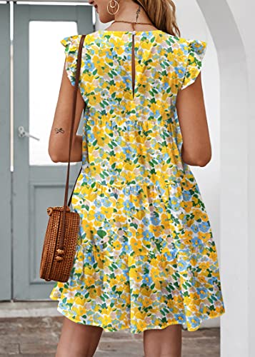 Image of KIRUNDO Summer Dresses for Women Sundress Sleeveless Ruffle Sleeve Round Neck Loose Short Flowy Pleated Mini Babydoll Dress