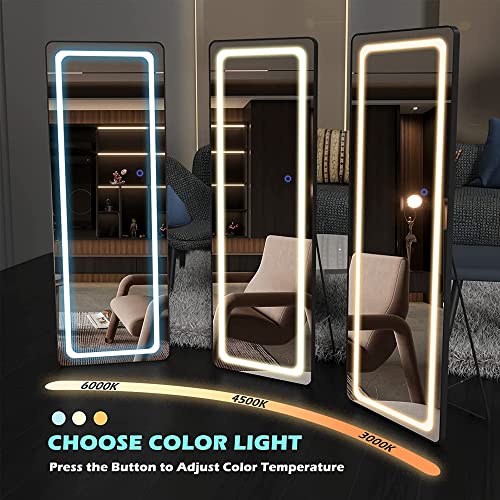 Fennio Full Length Mirror With Lights 63"X20", Led Full Body Mirror, Free Standing Lighted Floor Mirror, Wall Mounted Hanging Mirror With Lights For Bedroom, Aluminum Frame Dimming & 3 Color Lighting #TOP5