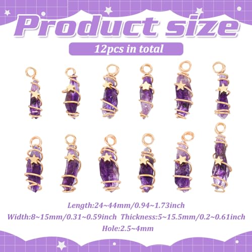 FINGERINSPIRE 12Pcs Natural Amethyst Crystal Pendant Gold Plated Wire Wrapped Crystal Gemstones Pendant with Star Decorations Healing Stones Pendant Charms for Necklaces Earrings Jewelry Making - Image 2
